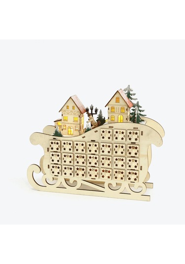 Ahşap 24 Geri Sayımlı Noel Takvimi Yaratıcı Ev Kızak Takvimi Ahşap Led Noel Dekorasyon Süsleri Beyaz