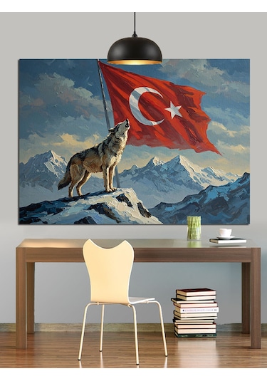 Dağ Başında Türk Bayrağı Dekoratif Kanvas - Mdf Ahşap Tablo