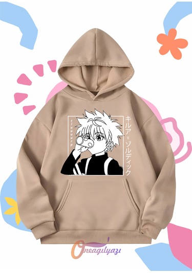 Çocuk Unisex Hunter Killua Anime Baskılı Oversize Kapüşönlü Sweatshirt Bej