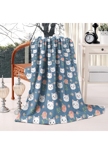 Cat Desenli 50x60 İnç Flanel Polar Battaniye, Yumuşak Ve Kalın, Tüm Mevsimler-a13 Cat Floral Blue