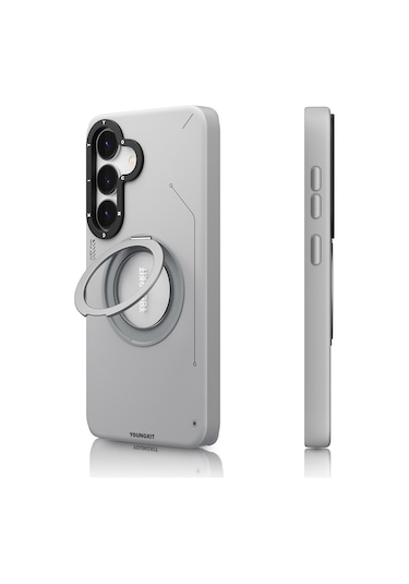 Galaxy S25 Kılıf Magsafe Uyumlu 360 Standlı Mat Deri Desenli Youngkit Tech Leather Kapak Gri