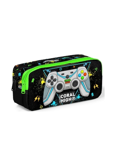 Coral High Kids Siyah Fosforlu Yeşil Gamer Desenli İki Bölmeli Kalem Çantası 12087