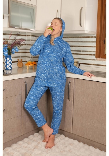 Akbeniz Kadın Pamuk Kapşonlu Cepli 3 İplik Saks Eşofman Takım 9037-saks Saks