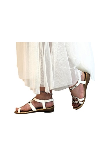 Pepita B160 Beyaz Taşlı Lastikli Şık Kaymaz Bayan Sandalet Beyaz