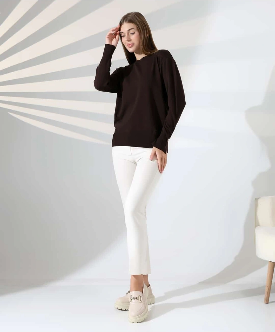 Gündelik Şıklık Kol Düğme Detay Triko Kazak Kahverengi