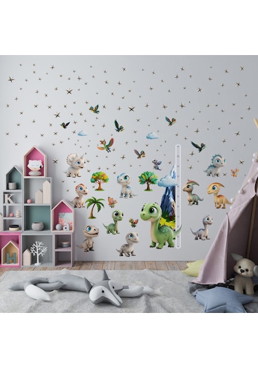 Sevimli Dinazorlar Temalı Boy Ölçerli Duvar Sticker Seti - Mat, Sökülebilir, Çocuk Odası Dekoru 01