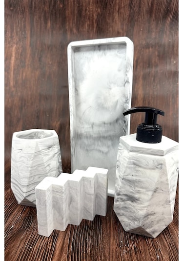 Betonmall 4 Parça Mermer Desenli Beton Banyo Seti Katı Sıvı Sabunluk Diş Fırçalık Tepsi - Gri Gri