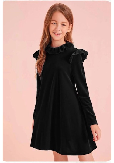 Fırfır Detaylı Kadife Elbise Ekru - Camel