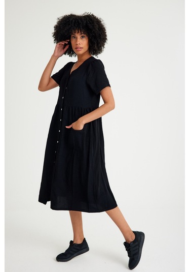 Barbora Keten Günlük Rahat V Yaka Beli Büzgü Detaylı Düğmeli Elbise Ln04siyah14 001