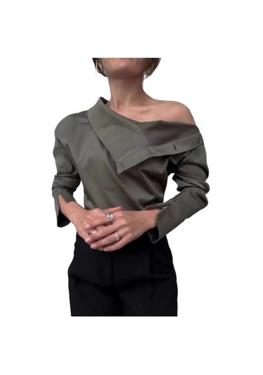 Kadın Gömlek Düğme Eklemeli Balıkçı Yaka Uzun Kollu Rahat Bol Kesim Gömlek Düz Yeşil