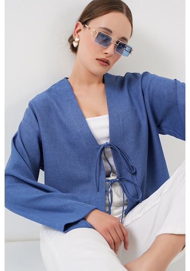 Bigdart Önü Bağlamalı Keten Kimono 960 - İndigo