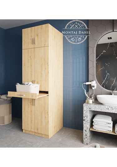 Piramit Çamaşır Ve Kurutma Makinesi Dolabı Banyo Dolabı Meşe Meşe