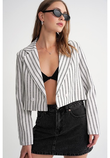 4641 Kadın Keten Çizgili Crop Ceket Siyah Siyah