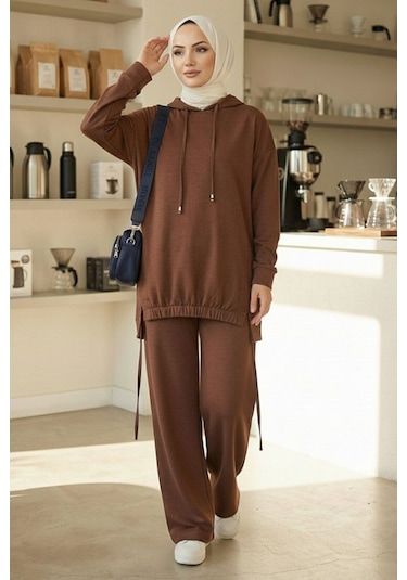 Bestenur Kapüşonlu Tunik Pantolon Takım 1682 - Kahve Kahverengi