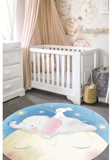 Ay Üstünde Bir Masal Tavşanlı Ve Fil Temalı Yuvarlak Kaymaz Taban Halı Mavi