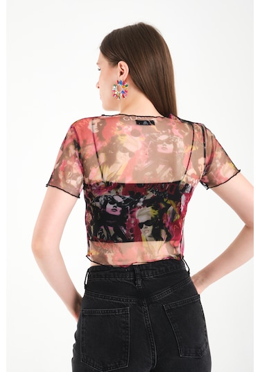 By Papi Baskılı Tül Crop Pembe