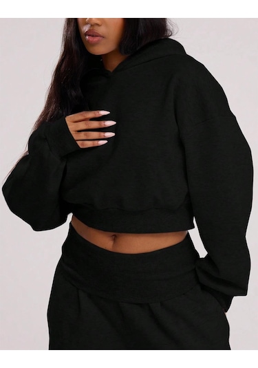 Brz Collection Relaxed Fit Basic Crop Hoodie Siyah Siyah