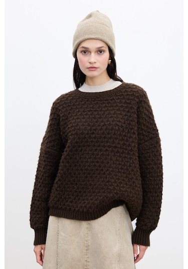 Desenli Örgü Triko Kazak Acı Kahve Acı Kahverengi