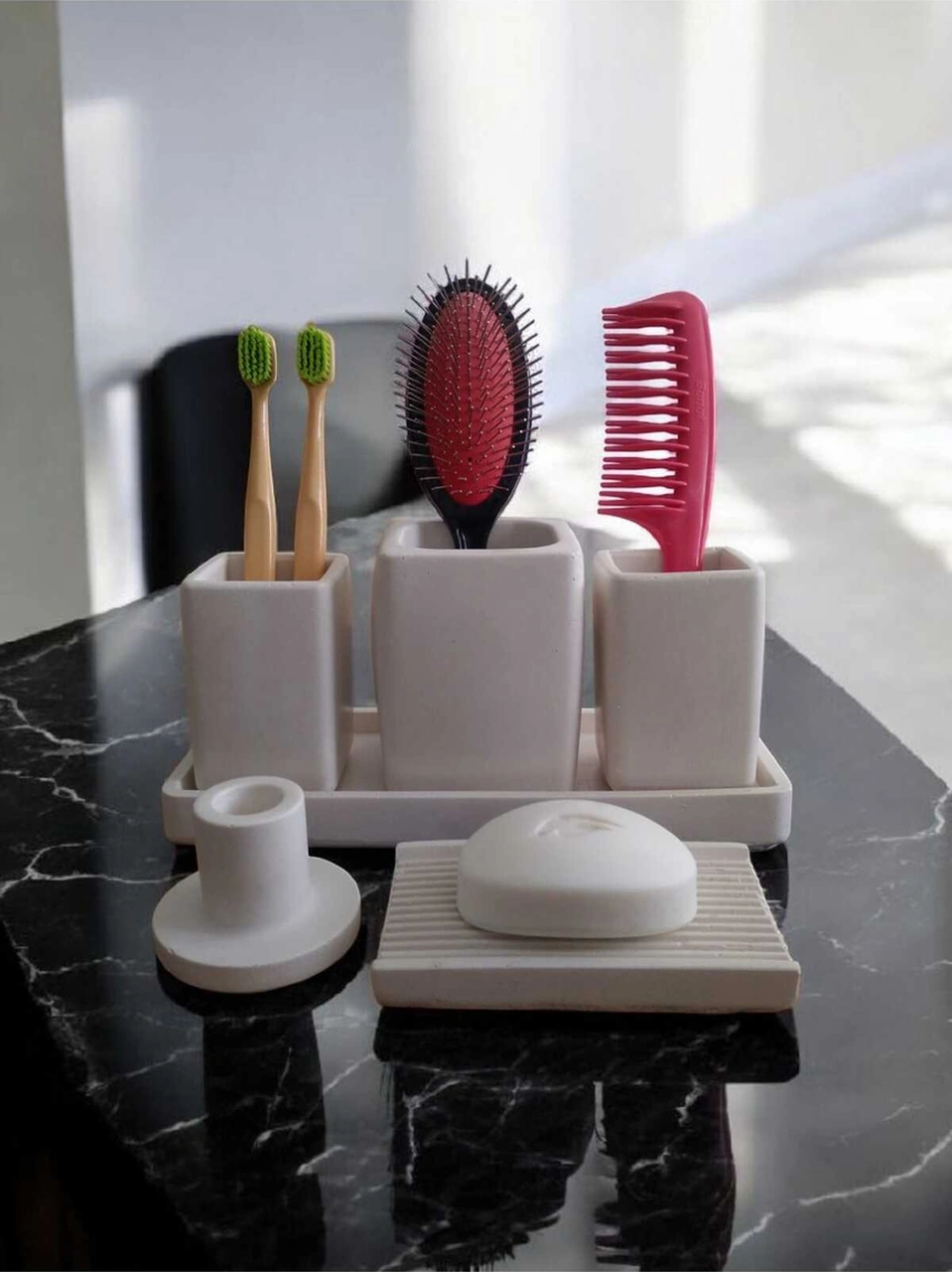 6 Parça Mermer Desen Beton Banyo Seti Diş Fırçalık Tütsülük Mumluk Tepsi Sabunluk Beyaz