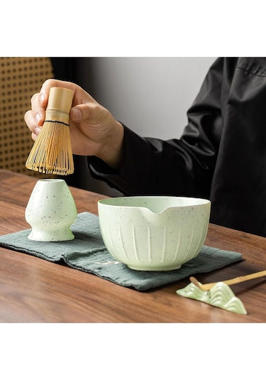 5'li Matcha Çay Seti, Bambu Süpürge, Kaşık, Kürek Ve Seramik Kase İle Açık Yeşil