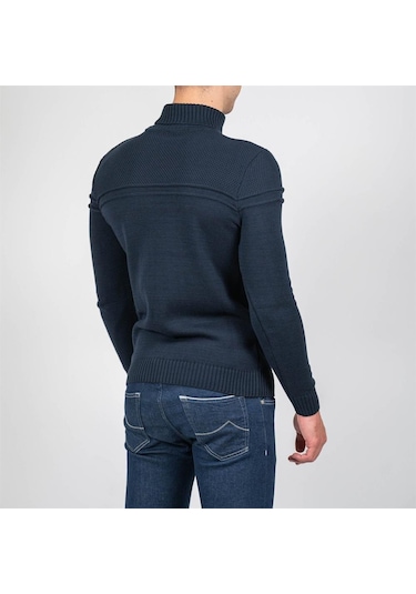 Erkek Tam Boğazlı Örgü Desenli Slim Fit Kazak Ncs Jeans 3659-Lacivert