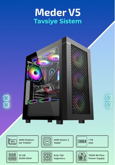 IH Meder V5 R5-7500F 32 GB 1 TB SSD 12 GB RX 7700XT FreeDos Masaüstü Oyuncu Bilgisayarı