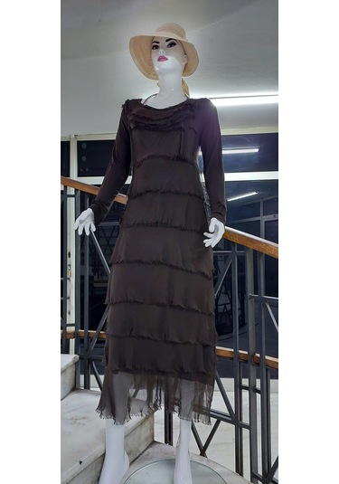 Italyan 2 Beden İnce Gösteren Kat Kat Uzun Kol Taşlanmış İpek Elbise Koyu Kahve