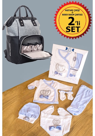 Bebek Bakım Çantası Ve Taşlı 5 Parça Hastane Çıkışı İkili Set Mavi