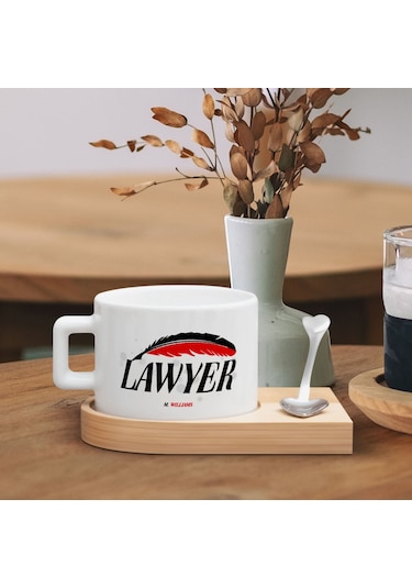 Bk Gift Kişiye Özel İsimli Avukat Tasarımlı-5, Ahşap Altlıklı Seramik Fincan, Meslek Hediyesi, Yeni İş Hediyesi Kobitmeyen137914 Bk Gift