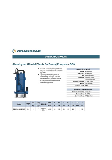 Grandfar Qdx 1.5-32-0,75f Keson Kuyu Dalgıç Pompası 1 Hp- 33 Metre