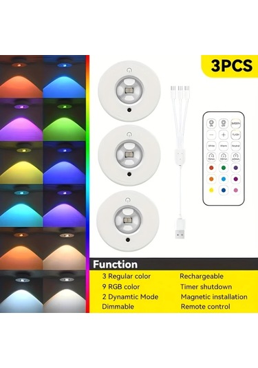 Willowhaven 3 Adet Uzaktan Kumandalı Şarj Edilebilir Rgb Gece Işığı Parlaklık Ayarı 12 Renk Modu Manyetik Dolap Aydınlatma Mutfak Banyo Yatak Odası Ofis