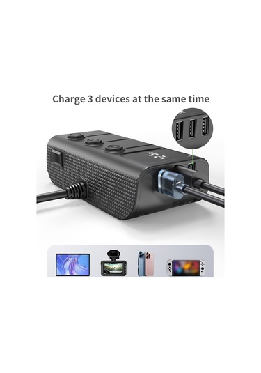 Yunboo Araç Şarj Adaptörü 3 Usb + 2 Type-c Pd 120w, Bağımsız Anahtarlar, Gerilim Monitörü, Siyah 12-24v