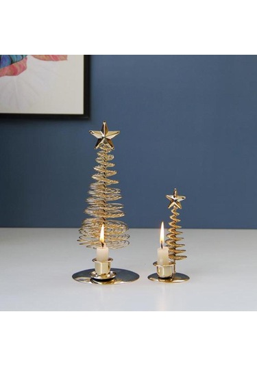 Suntek Çift Tekli Mum Bardaklı Metal Altın Yıldız Ağacı