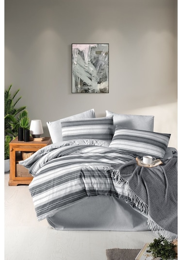 Mystory Home Lastikli Çarşaflı Tek Kişilik Nevresim Takımı Çizgili Gri