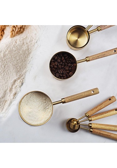 Ahşap Saplı Ölçü Kapları Kaşıkları Paslanmaz Çelik Kahve Ölçü Kaşığı Yeni Pişirme Aletleri Altın