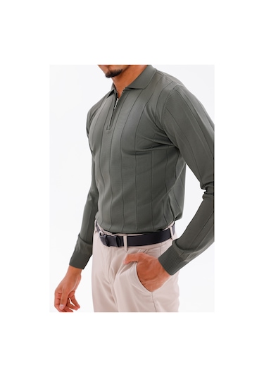 Monox Erkek Yarım Fermuarlı Polo Yaka Triko Kazak Haki