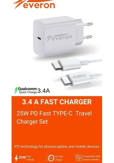 Huawei P10 İle Uyumlu Type C Şarj Adaptörü Type C To Type C Kablo Evr-01 Beyaz