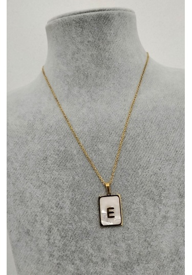 kadın sedef taşlı çelik E harf kolye Altın