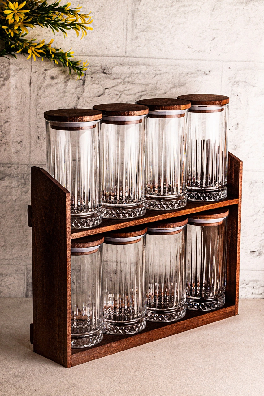 Mira Büyük - 8'li Ahşap Standlı Vakumlu Ahşap Kapaklı Cam Baharatlık Takımı Saklama Kabı Seti 445 Ml Ahşap