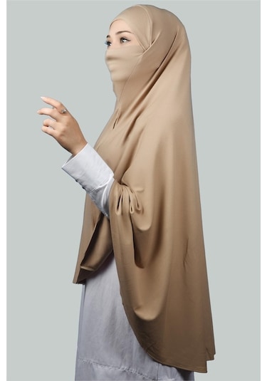 Altobeh Hazır Türban Peçeli Pratik Eşarp Tesettür Nikaplı Hijab - Namaz Örtüsü Sufle (5XL) - Koyu Bej