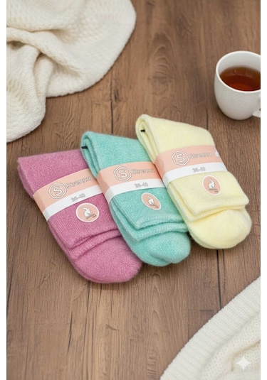 Angora Yün Çorap 3 Adet Pembe