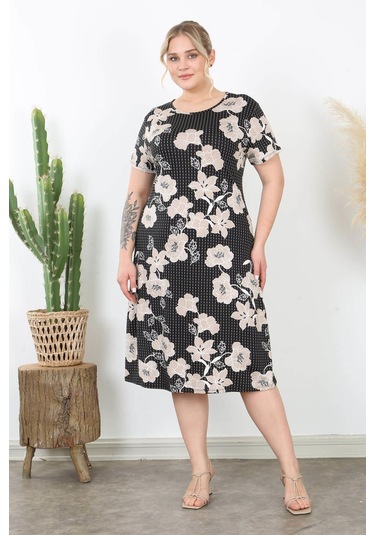 Kadın Siyah Vizon Sarmaşık Desen Midi Elbise Siyah - Turuncu