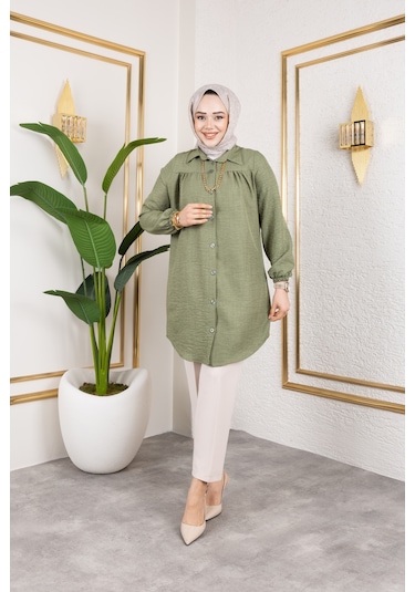Önü Büzgülü Bilek Lastikli Tunik - Yeşil / Ü104 Yeşil