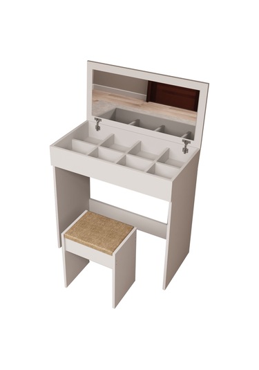 Df02113 Kapaklı Aynalı Bölmeli Puflu Makyaj Masası Beyaz