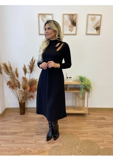 Nnstartshopping Kadın Uzun Kollu Balıkçı Yaka Omuzda Damla Detaylı Yırtmaçlı Krep Midi Elbise Siyah