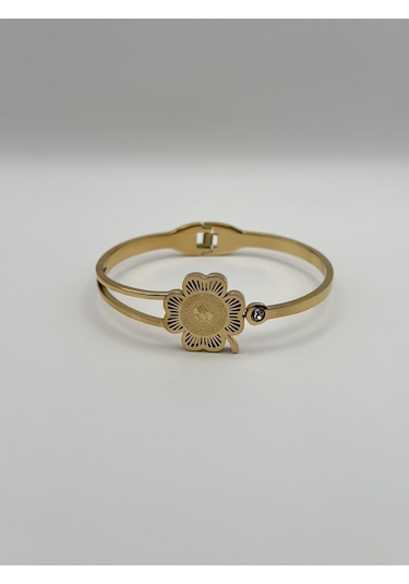 Arnes Jewelry Çelik Yoncalı Çeyrekli Zirkon Taşlı Kelepçe Ar207nes Gold