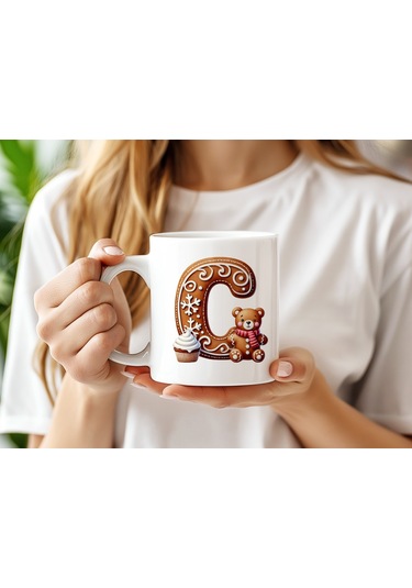 C Kurabiye Harf Ve Ayıcık Detaylı Kupa Bardak - Yeni Yıl / Yılbaşı Temalı Tasarım - Noel Hediye Beyaz