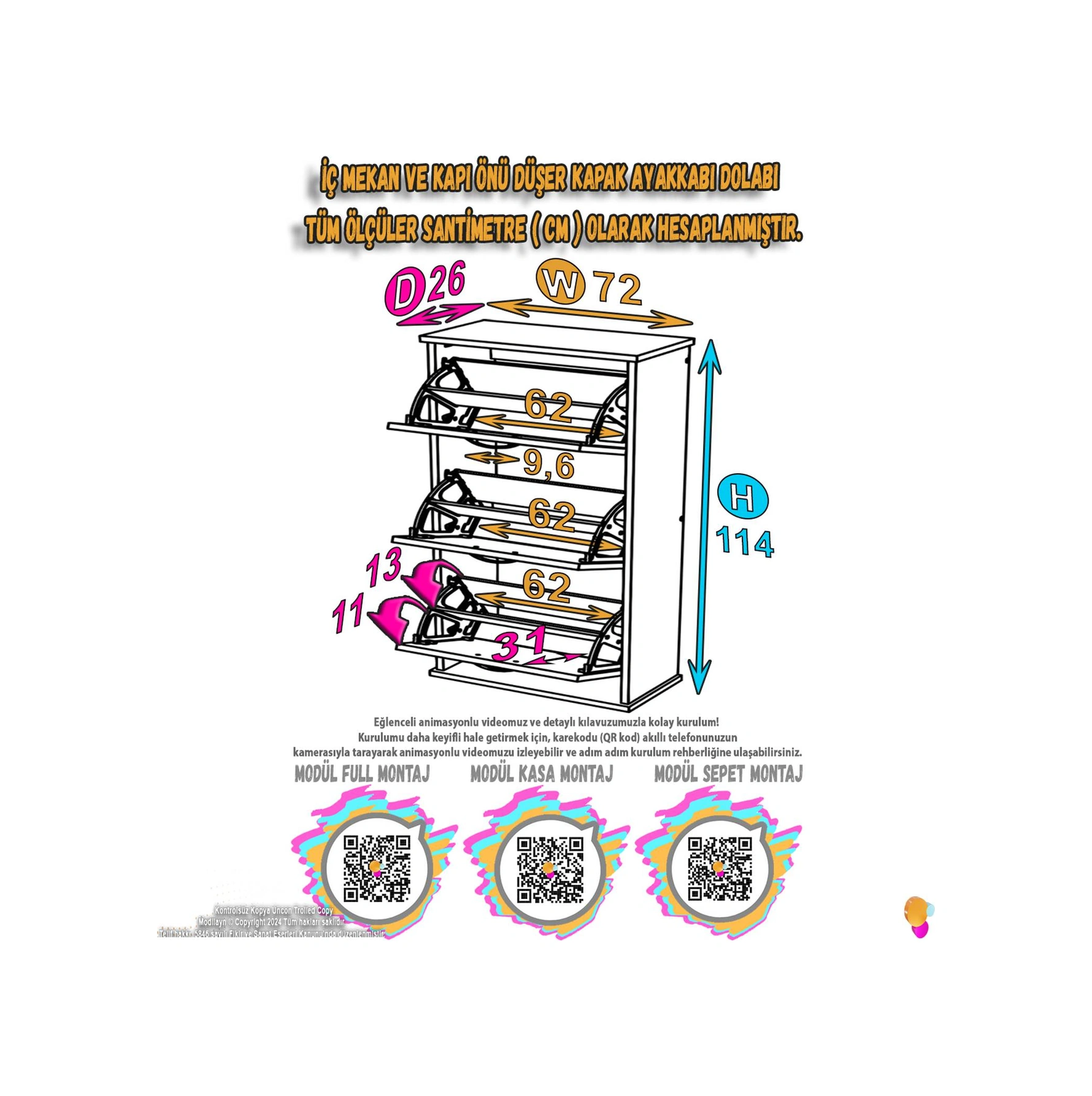 Uygar Meşe Renk Asma Ayakkabılık Kapı Önü 3 Düşer Kapak 6 Göz Bölmeli Ayakkabılık 72x115x25,5 Cm Meşe