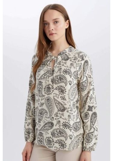 DeFacto Regular Fit Bağcıklı Yaka Desenli Uzun Kollu Bluz N1809AZ25SPBK81