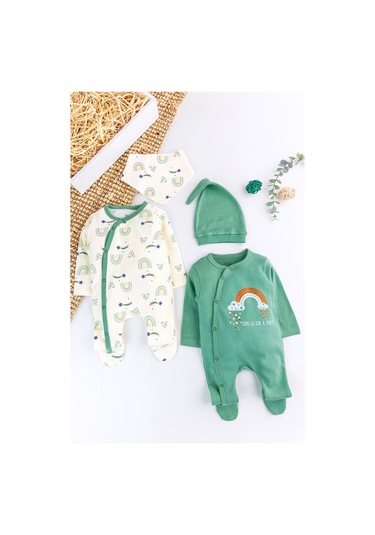 Gökkuşağı Temalı 2'li Uzun Kollu Kız/erkek Bebek Tulum Takım Yeşil